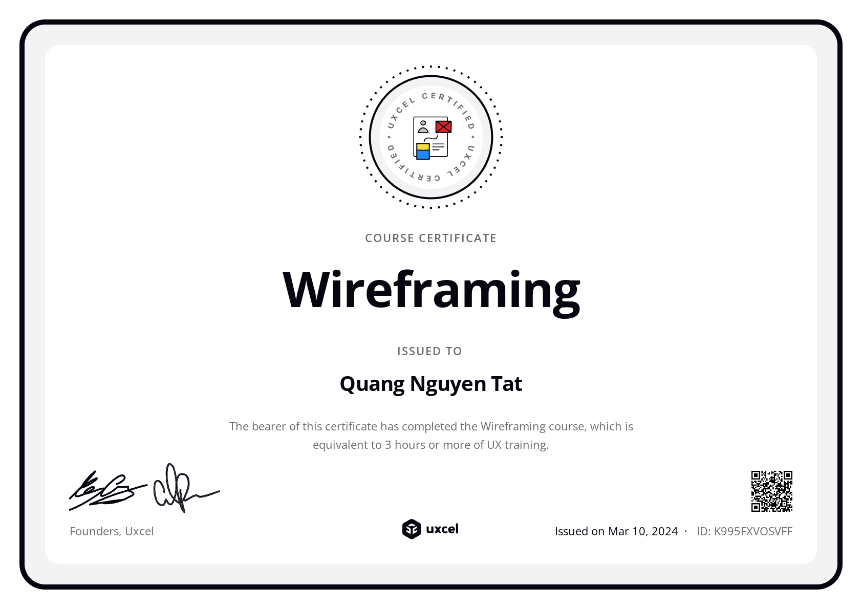 Quang Nguyen Tat's certificate